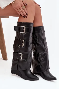 Damskie Boto Kozaki Damskie Na Koturnie Z Wywiniętą Cholewką I Srebrnymi Klamrami Czarne Sarisse