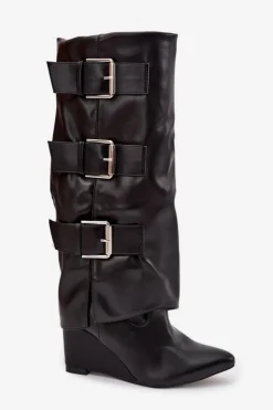 Damskie Boto Kozaki Damskie Na Koturnie Z Wywiniętą Cholewką I Srebrnymi Klamrami Czarne Sarisse