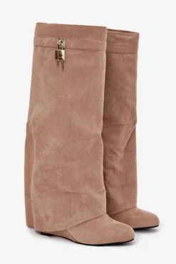 Boto Kozaki Ocieplane|Kozaki Na Koturnie*Kozaki Damskie Na Koturnie Z Paskiem I Srebrnym Detalem Beżowe Korivelle Beżowy