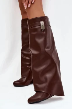 Damskie Boto Kozaki Damskie Na Koturnie Z Paskiem I Srebrnym Detalem Eko Skórzane Brązowe Korivelle