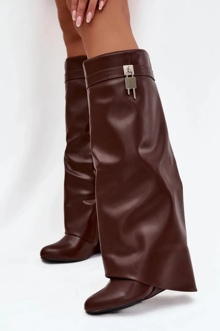 Damskie Boto Kozaki Damskie Na Koturnie Z Paskiem I Srebrnym Detalem Eko Skórzane Brązowe Korivelle