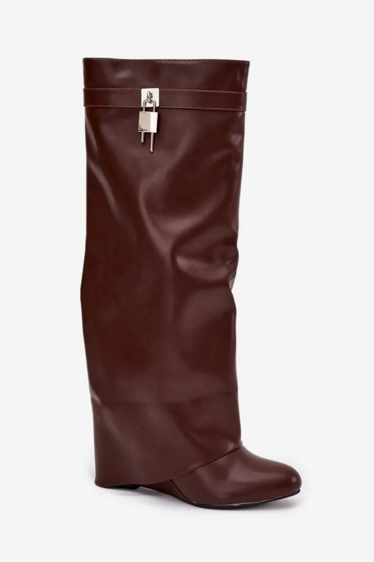 Damskie Boto Kozaki Damskie Na Koturnie Z Paskiem I Srebrnym Detalem Eko Skórzane Brązowe Korivelle