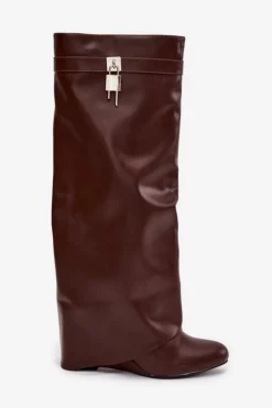 Damskie Boto Kozaki Damskie Na Koturnie Z Paskiem I Srebrnym Detalem Eko Skórzane Brązowe Korivelle