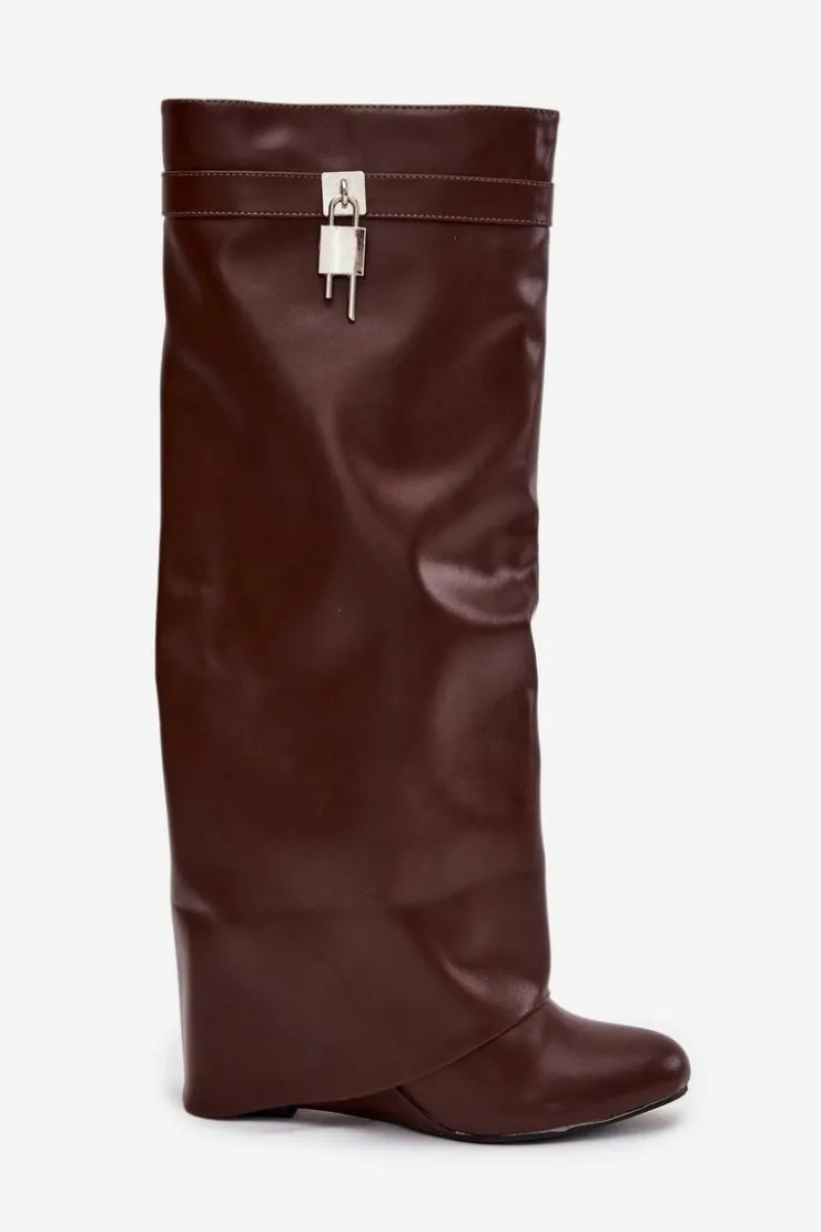 Damskie Boto Kozaki Damskie Na Koturnie Z Paskiem I Srebrnym Detalem Eko Skórzane Brązowe Korivelle