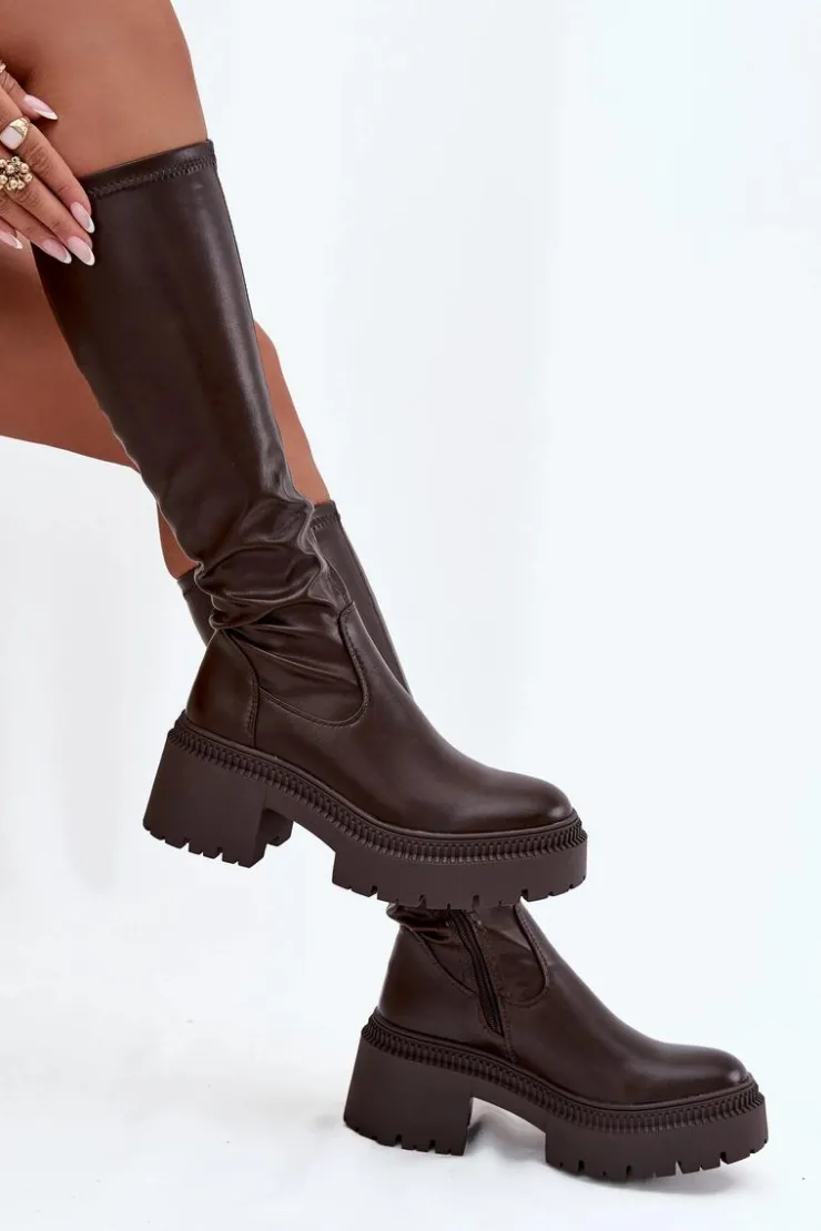 Boto Kozaki Na Obcasie*Kozaki Damskie Na Masywnym Obcasie I Platformie Wsuwane Brązowe Florinne