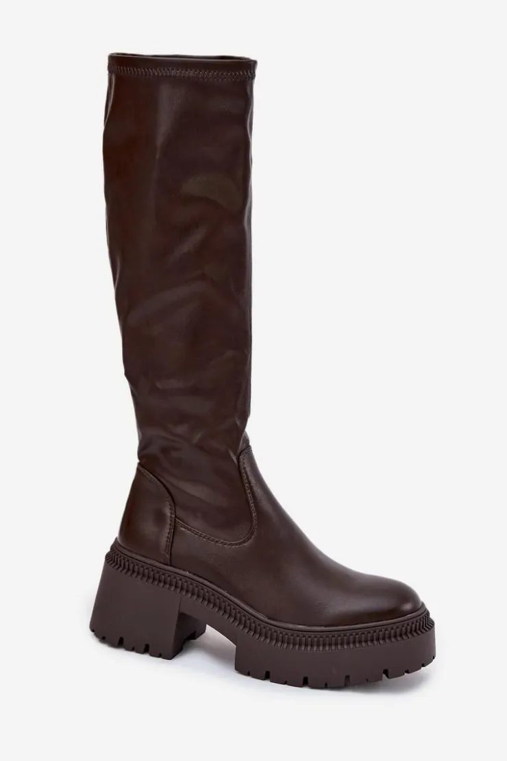 Boto Kozaki Na Obcasie*Kozaki Damskie Na Masywnym Obcasie I Platformie Wsuwane Brązowe Florinne