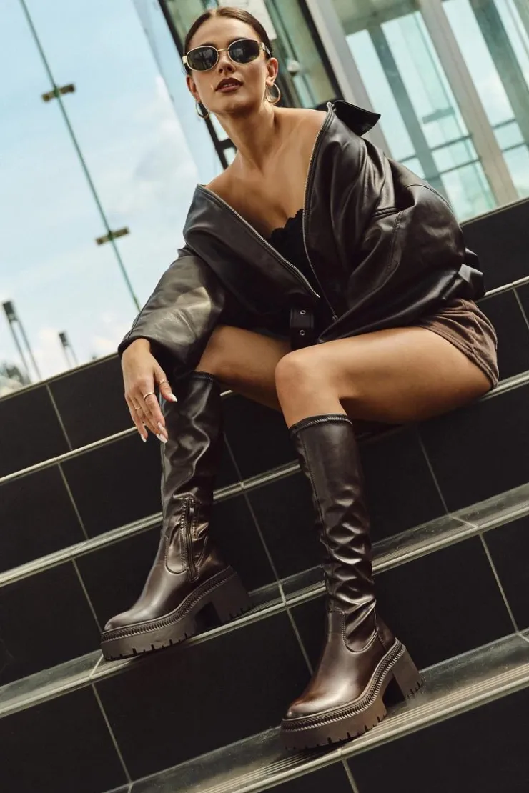 Boto Kozaki Na Obcasie*Kozaki Damskie Na Masywnym Obcasie I Platformie Wsuwane Brązowe Florinne