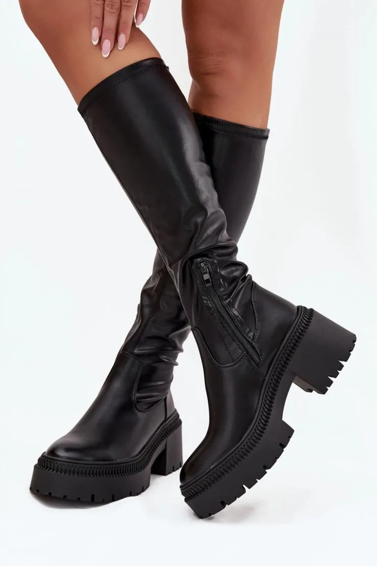 Discount Boto Kozaki Damskie Na Masywnym Obcasie I Platformie Wsuwane Czarne Florinne