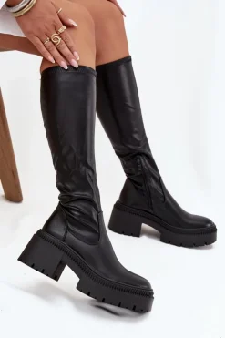 Discount Boto Kozaki Damskie Na Masywnym Obcasie I Platformie Wsuwane Czarne Florinne