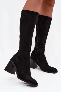 Damskie Boto Kozaki Damskie Na Masywnym Słupku Eko Zamszowe Czarne Traven