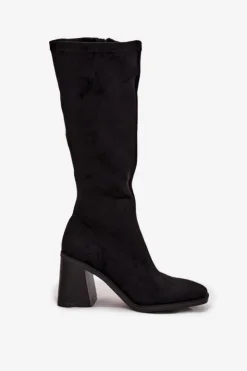 Damskie Boto Kozaki Damskie Na Masywnym Słupku Eko Zamszowe Czarne Traven