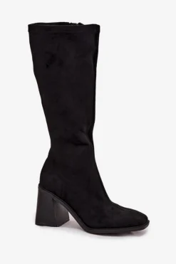 Damskie Boto Kozaki Damskie Na Masywnym Słupku Eko Zamszowe Czarne Traven