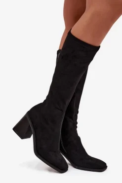 Damskie Boto Kozaki Damskie Na Masywnym Słupku Eko Zamszowe Czarne Traven