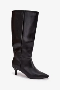 Damskie Boto Kozaki Damskie Na Niskiej Szpilce Ocieplane Z Eko Skóry Czarne Marcellia