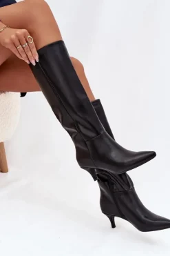 Damskie Boto Kozaki Damskie Na Niskiej Szpilce Ocieplane Z Eko Skóry Czarne Marcellia