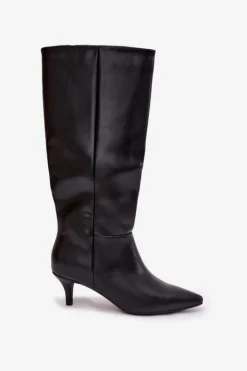 Damskie Boto Kozaki Damskie Na Niskiej Szpilce Ocieplane Z Eko Skóry Czarne Marcellia