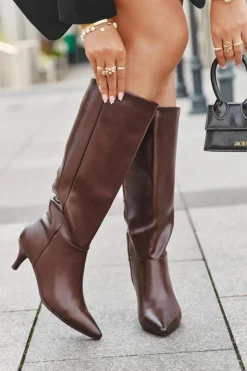 Boto Kozaki Damskie Na Niskiej Szpilce Ocieplane Z Eko Skóry Czekoladowe Marcellia