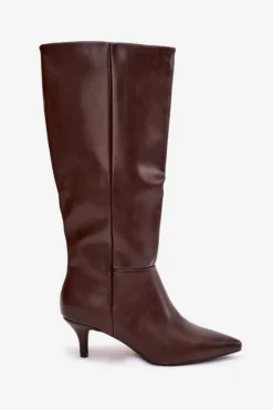 Boto Kozaki Damskie Na Niskiej Szpilce Ocieplane Z Eko Skóry Czekoladowe Marcellia