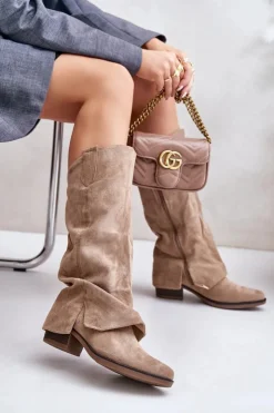 Boto Kozaki Przed Kolano|Kozaki Na Obcasie*Kozaki Damskie Na Niskim Obcasie Z Wywiniętą Cholewką Beżowe Stinova