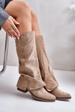 Boto Kozaki Przed Kolano|Kozaki Na Obcasie*Kozaki Damskie Na Niskim Obcasie Z Wywiniętą Cholewką Beżowe Stinova