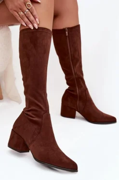 Clearance Buty Sergio Leone Kozaki Damskie Na Niskim Obcasie Eko Zamszowe Sergio Leone KZ212 Brązowe