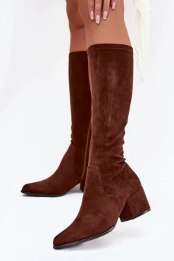 Clearance Buty Sergio Leone Kozaki Damskie Na Niskim Obcasie Eko Zamszowe Sergio Leone KZ212 Brązowe