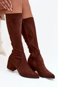 Clearance Buty Sergio Leone Kozaki Damskie Na Niskim Obcasie Eko Zamszowe Sergio Leone KZ212 Brązowe