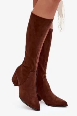 Clearance Buty Sergio Leone Kozaki Damskie Na Niskim Obcasie Eko Zamszowe Sergio Leone KZ212 Brązowe