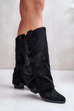 Sale Boto Kozaki Damskie Na Niskim Obcasie Z Wywiniętą Cholewką Czarne Stinova Czarny