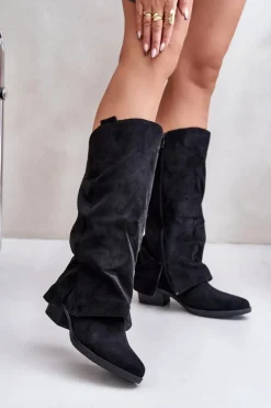 Sale Boto Kozaki Damskie Na Niskim Obcasie Z Wywiniętą Cholewką Czarne Stinova Czarny