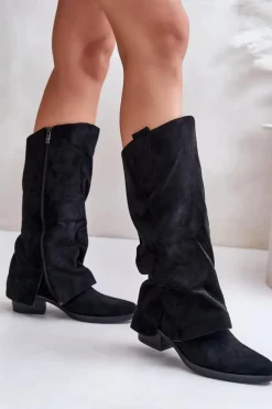 Sale Boto Kozaki Damskie Na Niskim Obcasie Z Wywiniętą Cholewką Czarne Stinova Czarny