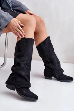 Sale Boto Kozaki Damskie Na Niskim Obcasie Z Wywiniętą Cholewką Czarne Stinova Czarny