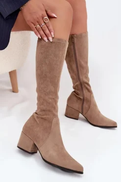 Buty Sergio Leone Kozaki Ocieplane|Kozaki Przed Kolano*Kozaki Damskie Na Niskim Obcasie Eko Zamszowe Sergio Leone KZ212 Beżowe