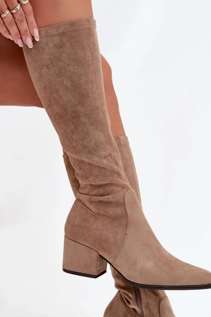 Buty Sergio Leone Kozaki Ocieplane|Kozaki Przed Kolano*Kozaki Damskie Na Niskim Obcasie Eko Zamszowe Sergio Leone KZ212 Beżowe