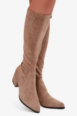 Buty Sergio Leone Kozaki Ocieplane|Kozaki Przed Kolano*Kozaki Damskie Na Niskim Obcasie Eko Zamszowe Sergio Leone KZ212 Beżowe