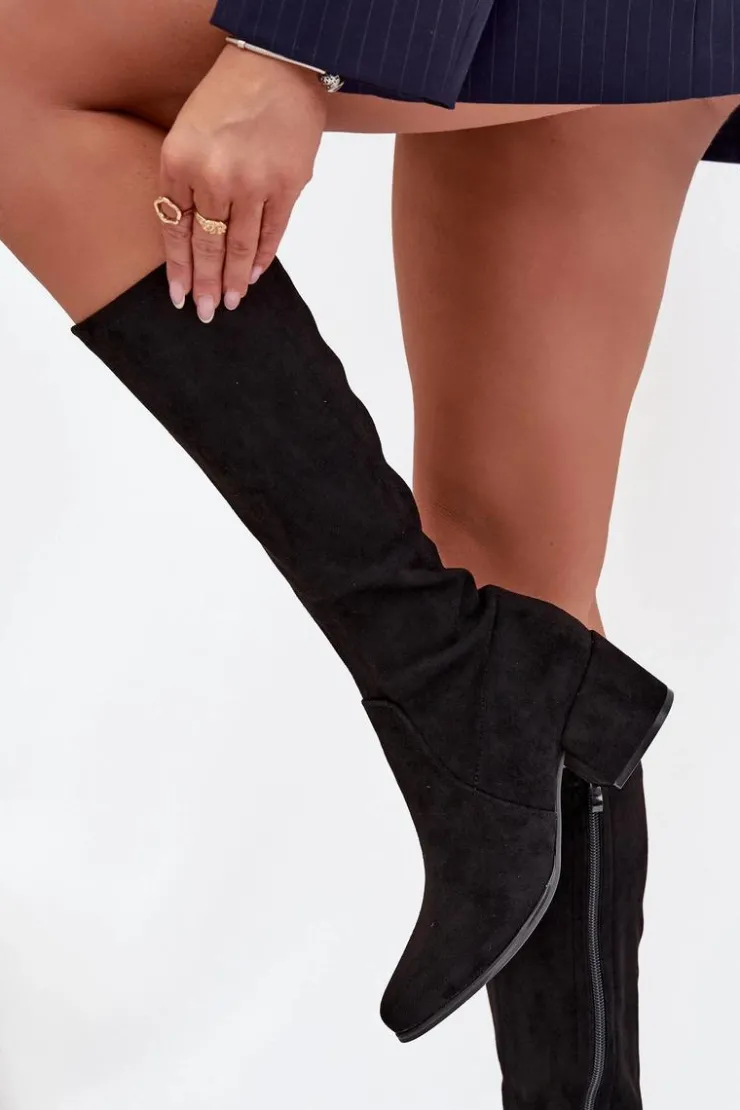 Damskie Buty Sergio Leone Kozaki Damskie Na Niskim Obcasie Eko Zamszowe Sergio Leone KZ212 Czarne