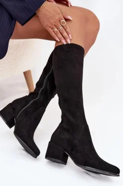 Damskie Buty Sergio Leone Kozaki Damskie Na Niskim Obcasie Eko Zamszowe Sergio Leone KZ212 Czarne