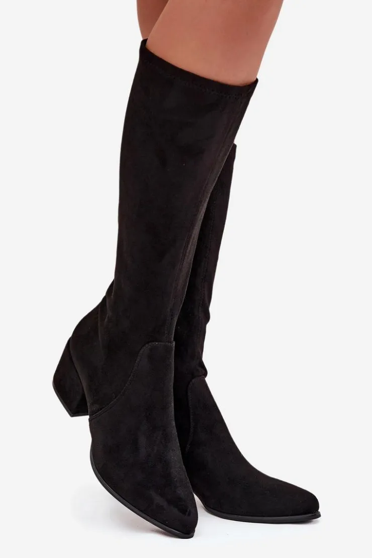 Damskie Buty Sergio Leone Kozaki Damskie Na Niskim Obcasie Eko Zamszowe Sergio Leone KZ212 Czarne