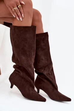 Damskie Boto Kozaki Damskie Na Obcasie Z Eko Zamszu Czekoladowe Pheona