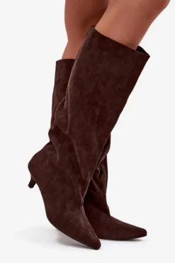 Damskie Boto Kozaki Damskie Na Obcasie Z Eko Zamszu Czekoladowe Pheona