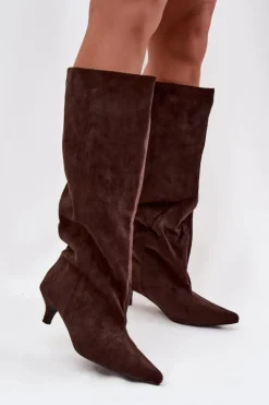 Damskie Boto Kozaki Damskie Na Obcasie Z Eko Zamszu Czekoladowe Pheona