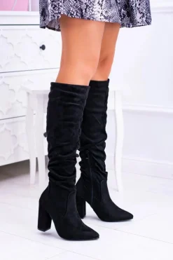 Sale Boto Kozaki Damskie Na Obcasie W Szpic Zamszowe Czarne Nightcall