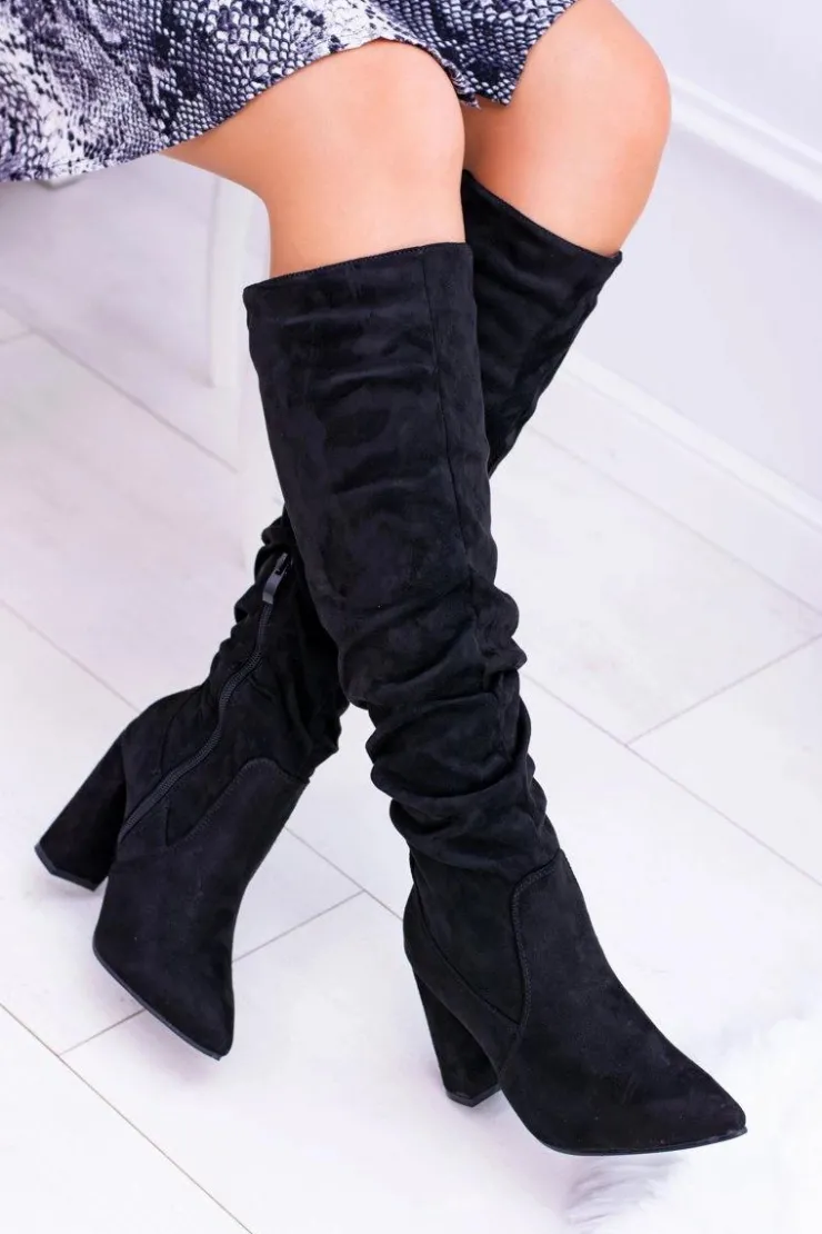 Sale Boto Kozaki Damskie Na Obcasie W Szpic Zamszowe Czarne Nightcall