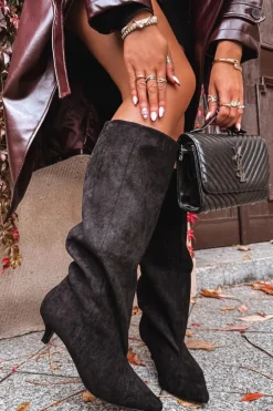 Damskie Boto Kozaki Damskie Na Obcasie Z Eko Zamszu Czarne Pheona