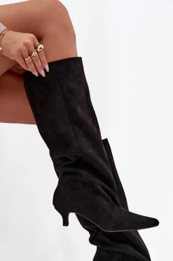 Damskie Boto Kozaki Damskie Na Obcasie Z Eko Zamszu Czarne Pheona