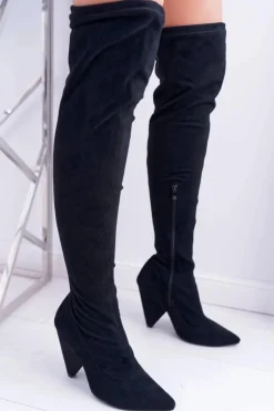 Damskie Boto Kozaki Damskie Na Obcasie Lu Boo Zamszowe Czarne