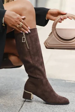 Sale Boto Kozaki Damskie Na Obcasie Z Eko Zamszu Brązowe Lyvienne