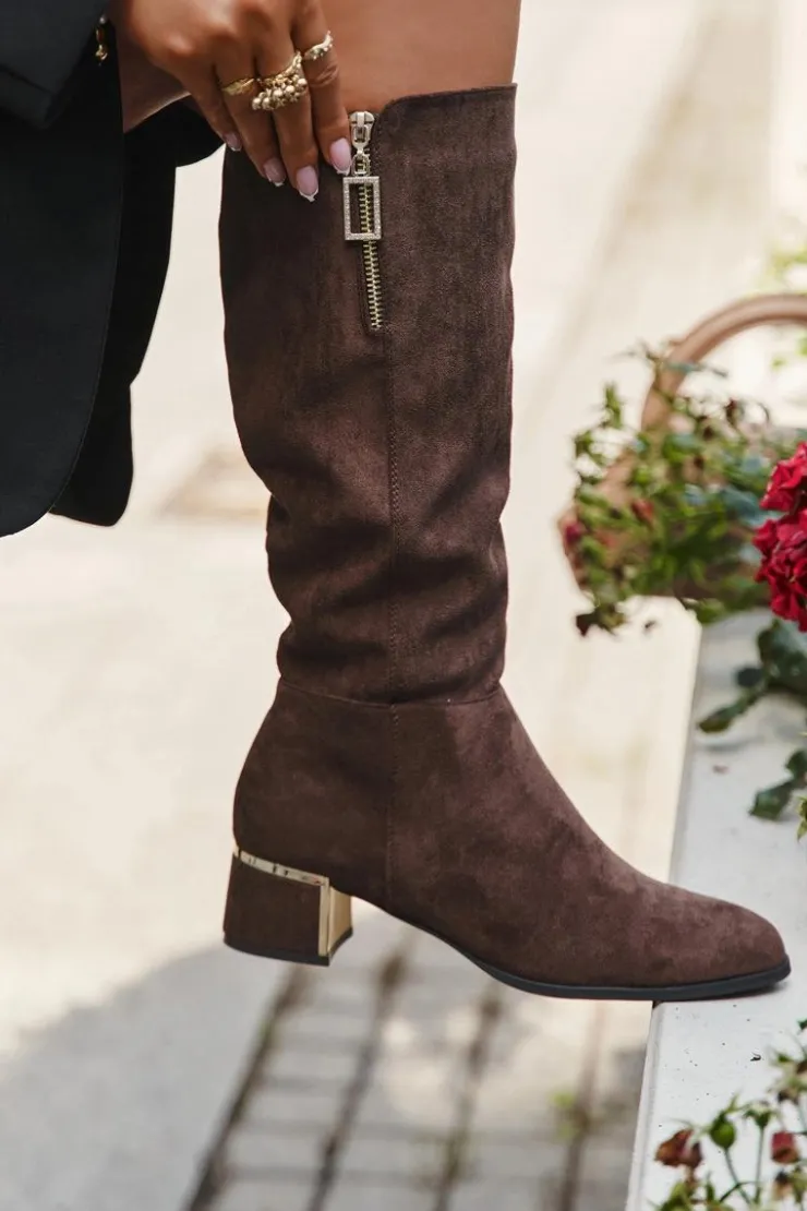 Sale Boto Kozaki Damskie Na Obcasie Z Eko Zamszu Brązowe Lyvienne