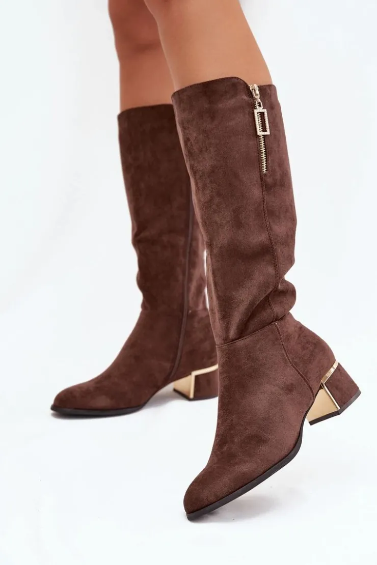 Sale Boto Kozaki Damskie Na Obcasie Z Eko Zamszu Brązowe Lyvienne