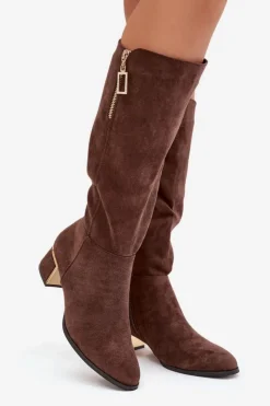 Sale Boto Kozaki Damskie Na Obcasie Z Eko Zamszu Brązowe Lyvienne